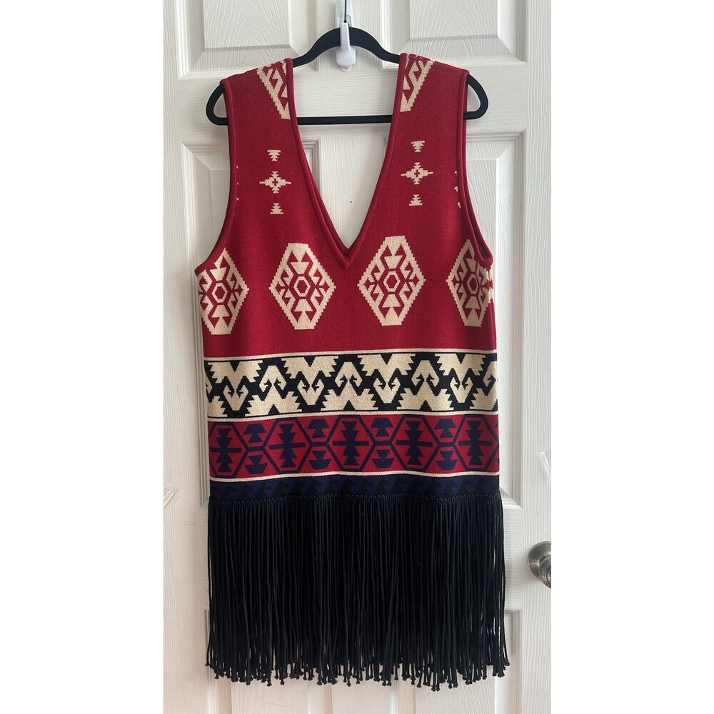 ANDREA JOVINE Vtg 80s Wool Aztec Blanket Fringe Sleeveless Sweater Dress Sz M